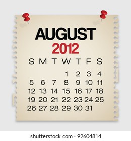 2012 Calendar August Old Torn Paper Vector