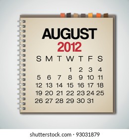 2012 Calendar August On Old Notebook Vector