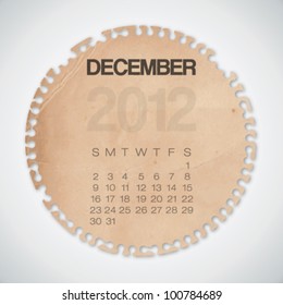 2012 Calendar December Old Circle Torn Paper Vector