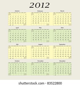 2012 Calendar with first day of week beginning on Monday