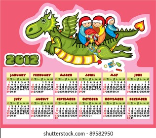  2012 calendar with flying dragon on a pink background