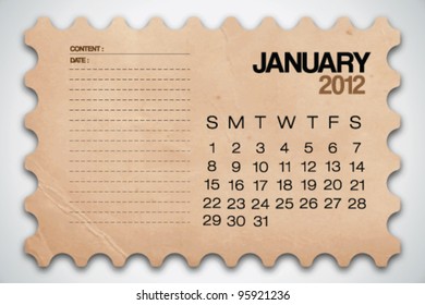 2012 Calendar January Old Texture Notebook Vector