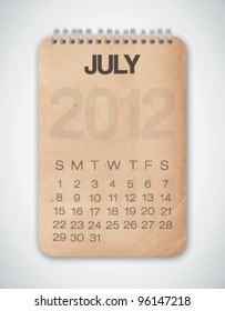 2012 Calendar July Grunge Texture Notebook Vector