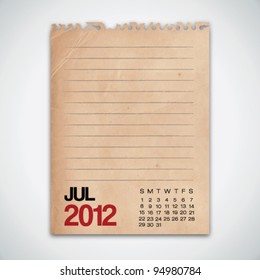 2012 Calendar July Grunge Vintage Paper Vector