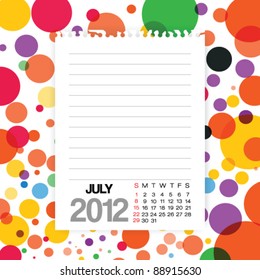 2012 Calendar July Note paper on Colorful Background Vector
