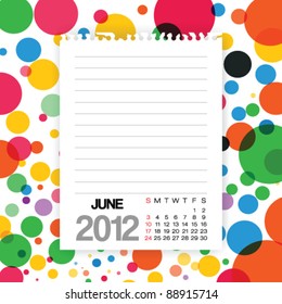 2012 Calendar June Note paper on Colorful Background Vector