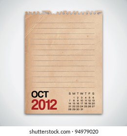2012 Calendar October Grunge Vintage Paper Vector