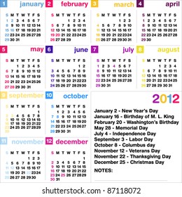2012 calendar with official USA holidays, weeks start on Sunday