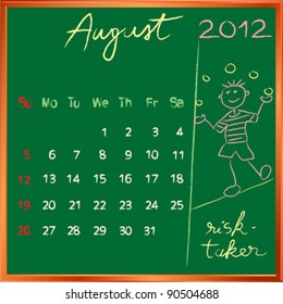 2012 calendar on a blackboard, august design with the happy risk taker student profile for international schools