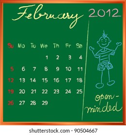 2012 calendar on a blackboard, february design with the happy open minded student profile for international schools