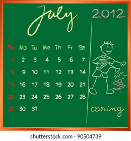 2012 calendar on a blackboard, july design with the happy caring student profile for international schools