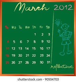 2012 calendar on a blackboard, march design with the happy reflective student profile for international schools