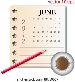2012 calendar on gradient paper with red pencil and coffee cup.