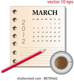 2012 calendar on gradient paper with red pencil and coffee cup.