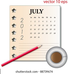 2012 calendar on gradient paper with red pencil and coffee cup.