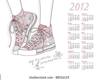 2012 calendar with shoes. Shoes with floral pattern. Background with fashionable sneakers.