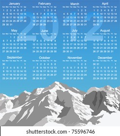 2012 calendar with snow capped mountain range