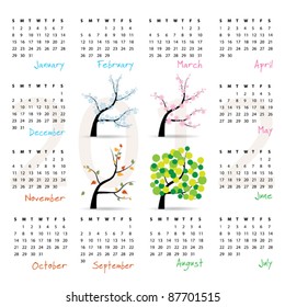 2012 calendar - week starts on Sunday - four seasons (trees in spring, summer, autumn and winter) - vector illustration