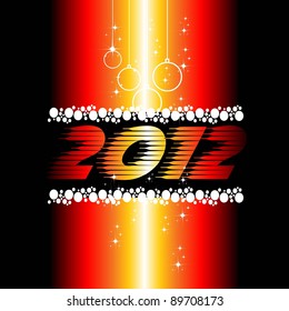Fondo de la celebración 2012 para cubierta, Volante o afiche con colores brillantes, bolas colgantes y estrellas para Año Nuevo y otras ocasiones.