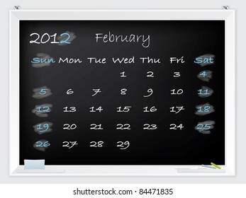 2012 February calendar drawn by hand on a blackboard
