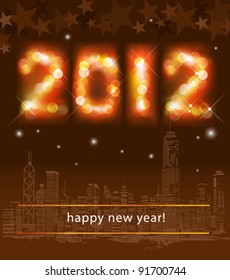 2012 festive illumination with urban skyline. Vector illustration. (No transparency).