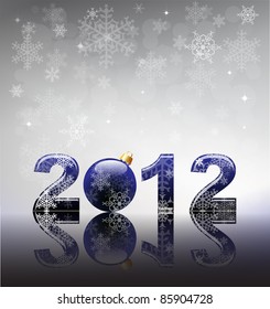 2012 flyer template. 2012 written in blue glossy letters with bauble as the zero. Snow and reflection on silver snowflake background with space for your text.  EPS10 vector format.