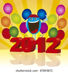 2012 with happy face and balloons over yellow background. vector