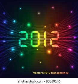 2012 Happy new year celebration background with neon lights style 2012 text. Glowing lights on dark background. Raster also available.