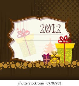2012 Happy New Year greeting card with gift boxes in halftone background, golden circle, dark brown, tree, ribbons, yellow, red, brown, white, pink, color.