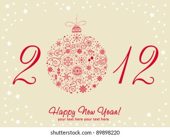 2012 Happy New Year greeting card with stylized design Christmas tree toy ball made of stars and snowflakes