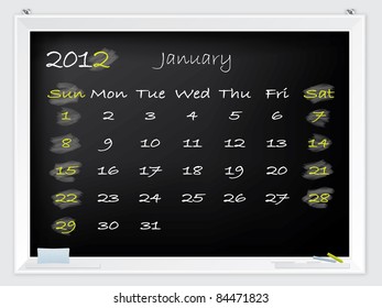 2012 January calendar drawn by hand on a blackboard