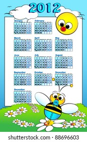 2012 Kid calendar landscape with a baby boy bee and daisies - Cartoon style