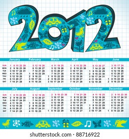 2012  New Year calendar cartoon. with cute 3d letters