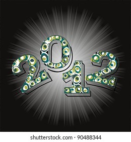 Composición del año nuevo 2012 sobre el fondo de los rayos grises para el Año Nuevo.