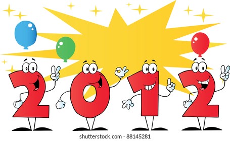 2012 New Year Numbers Cartoon Characters With Stars And Balloons