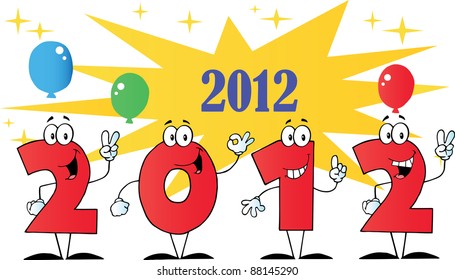 2012 New Year Numbers Cartoons With Stars And Balloons