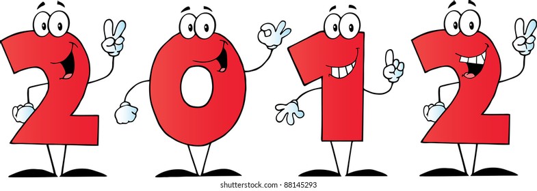 2012 New Year Red Numbers Cartoon Characters