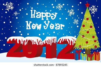 2012 new year, tree christmas and gifts. vector