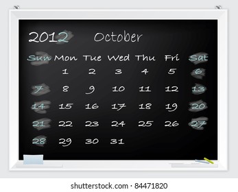 2012 October calendar drawn by hand on a blackboard