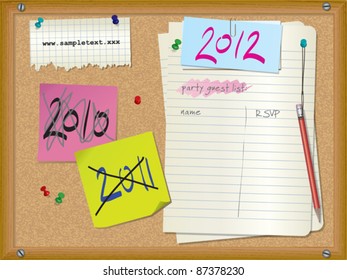 2012 party invitation - cork board with party guest list, notes, pushpins, torn paper and pencil - vector illustration