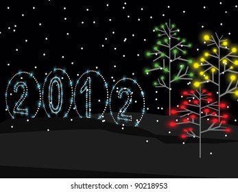 2012 shiny text & stylish Xmas trees greeting card on lighting  black background for New Year & Other Occasions.