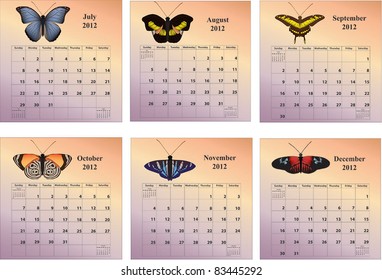 2012 six month calendar for the months of July thru December