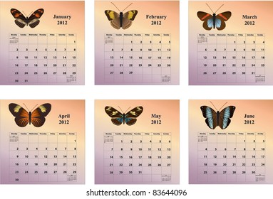 2012 six-month butterfly calendars with week starting on Monday covering months January through February