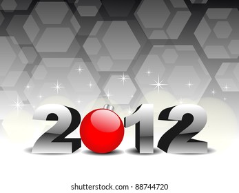 2012 text with 3d effect in gray & red color greeting card having red Ball, stars for Happy New Year