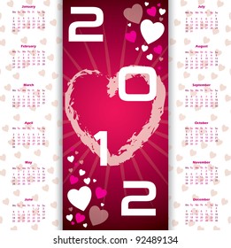 2012 valentine's day calendar with hearts and burst