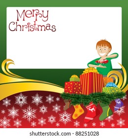 Tarjeta de navidad vectorial 2012 con niño, regalos y medias