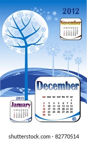2012 year calendar in vector. December with blue tree icon