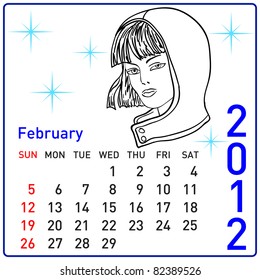 2012 year calendar in vector. February.
