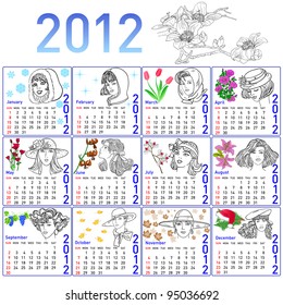 2012 year calendar in vector. Hand-drawn fashion model. Rasterized version also available in portfolio.