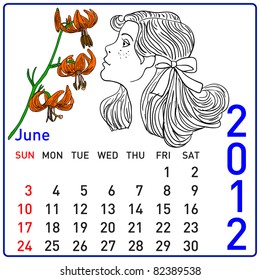 2012 year calendar in vector. June.